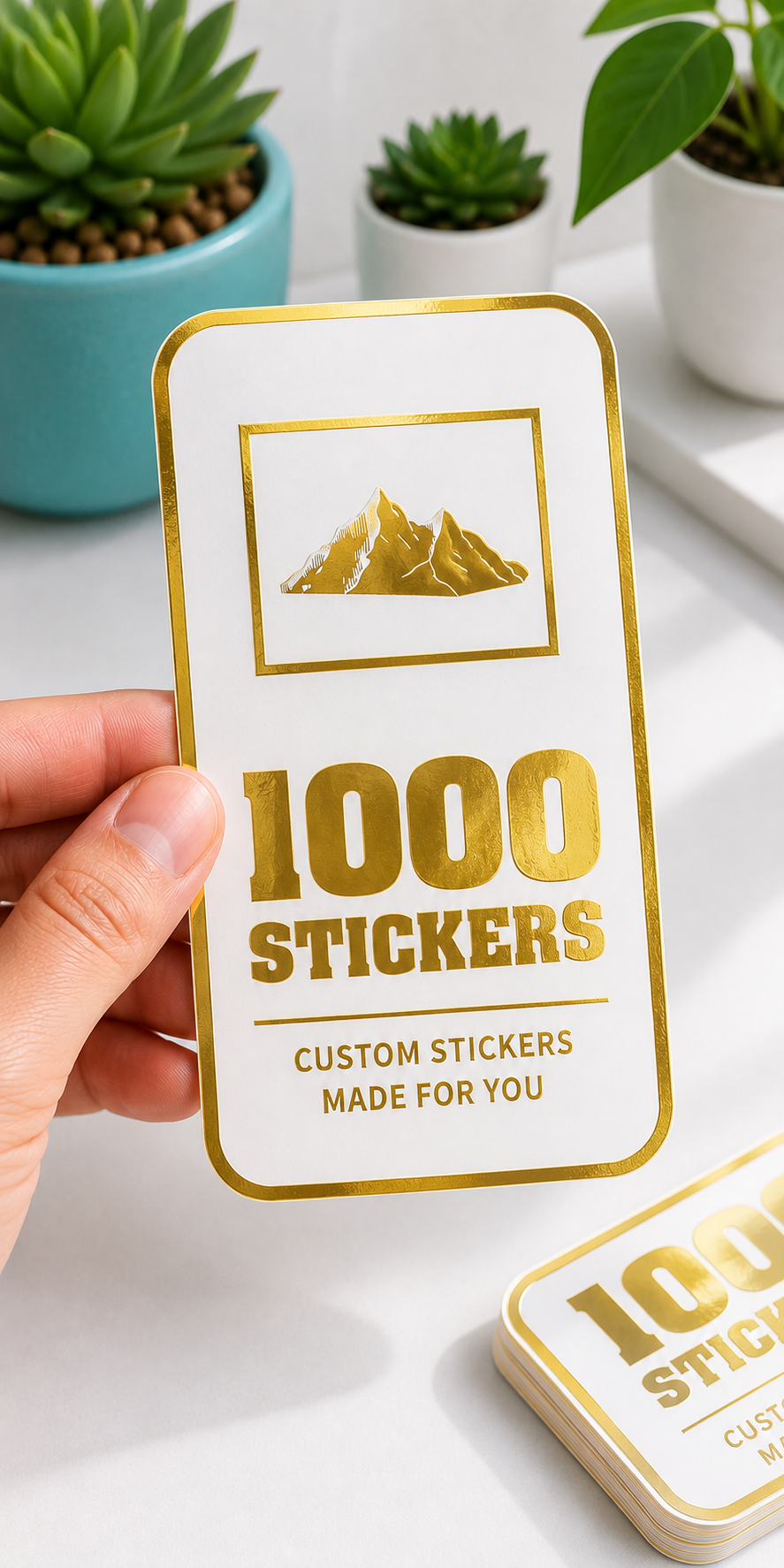 Custom Rounded Rectangle Gold Foiling White Paper Stickers | 1000 Stickers