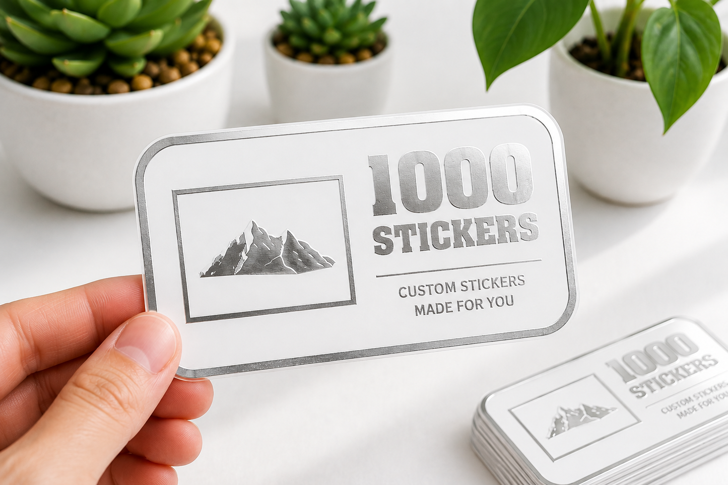 Custom Rounded Rectangle Silver Foiling White Paper Stickers | 1000 Stickers