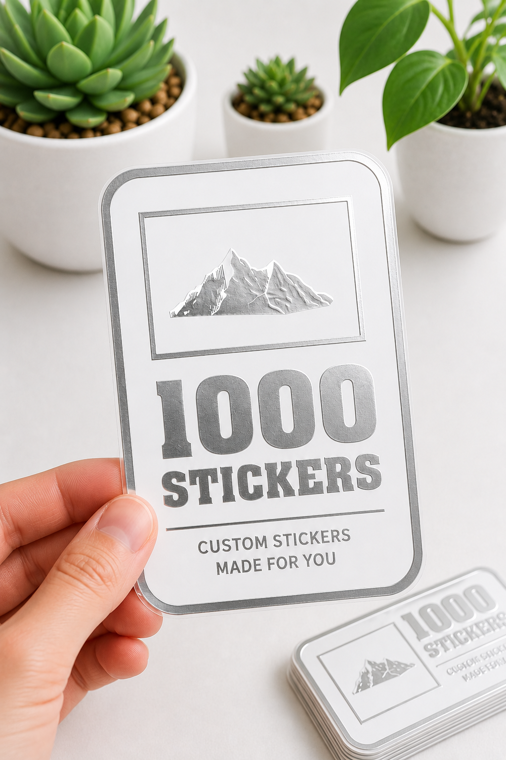Custom Rounded Rectangle Silver Foiling White Paper Stickers | 1000 Stickers