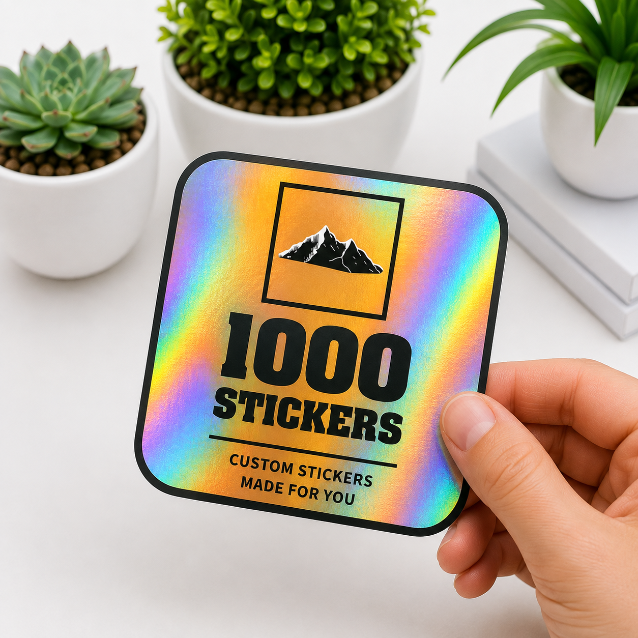 Custom Rounded Square Holographic Stickers | 1000 Stickers (Black)
